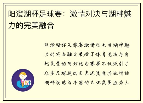 阳澄湖杯足球赛：激情对决与湖畔魅力的完美融合