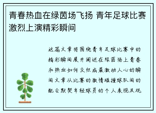 青春热血在绿茵场飞扬 青年足球比赛激烈上演精彩瞬间