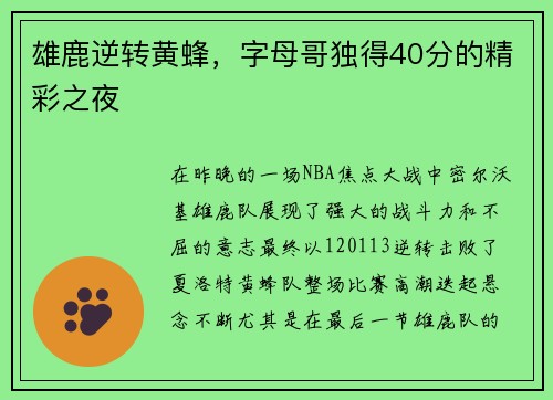 雄鹿逆转黄蜂，字母哥独得40分的精彩之夜