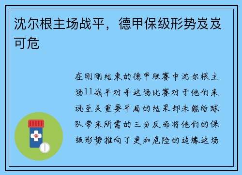 沈尔根主场战平，德甲保级形势岌岌可危
