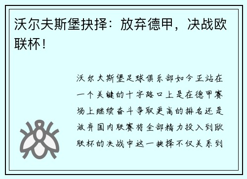 沃尔夫斯堡抉择：放弃德甲，决战欧联杯！