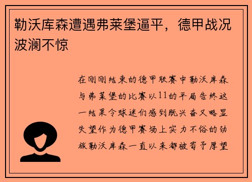 勒沃库森遭遇弗莱堡逼平，德甲战况波澜不惊