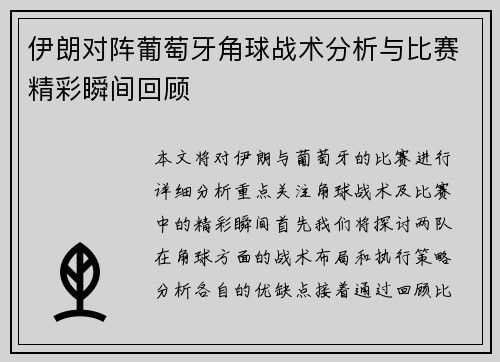 伊朗对阵葡萄牙角球战术分析与比赛精彩瞬间回顾