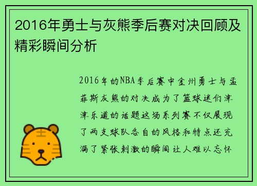 2016年勇士与灰熊季后赛对决回顾及精彩瞬间分析