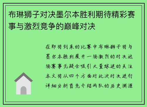 布琳狮子对决墨尔本胜利期待精彩赛事与激烈竞争的巅峰对决