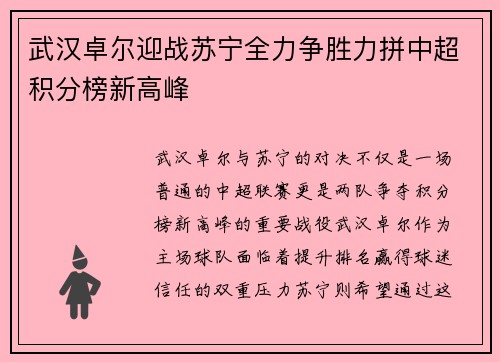 武汉卓尔迎战苏宁全力争胜力拼中超积分榜新高峰