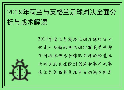 2019年荷兰与英格兰足球对决全面分析与战术解读