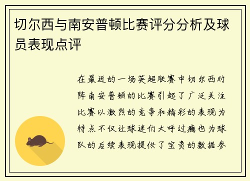 切尔西与南安普顿比赛评分分析及球员表现点评