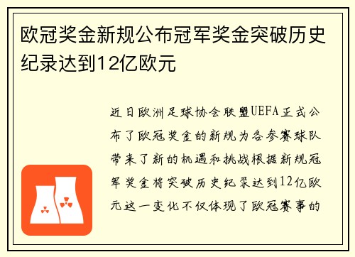 欧冠奖金新规公布冠军奖金突破历史纪录达到12亿欧元