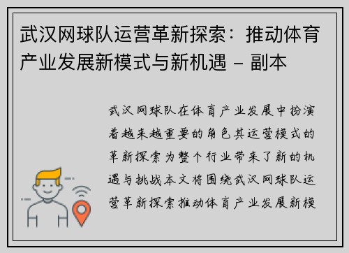 武汉网球队运营革新探索：推动体育产业发展新模式与新机遇 - 副本