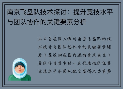 南京飞盘队技术探讨：提升竞技水平与团队协作的关键要素分析